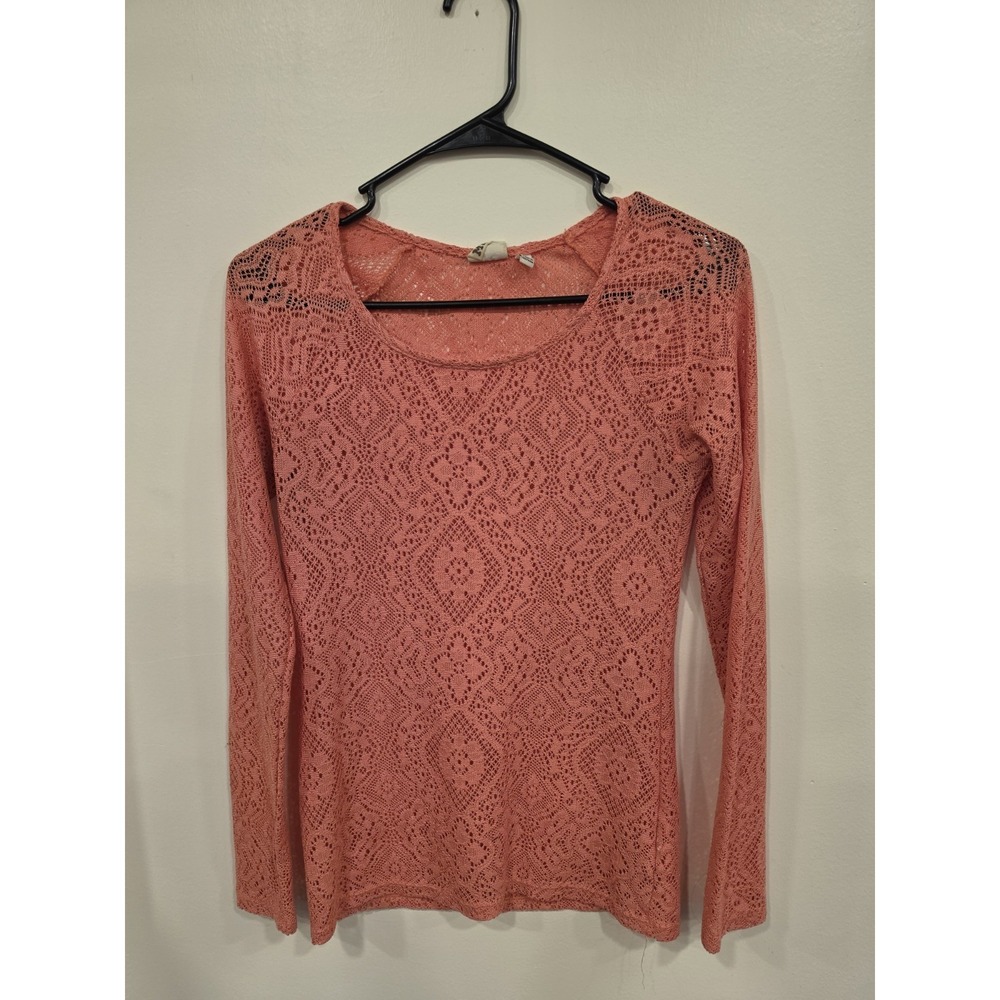Coral Pink Sheer Lace Knit Long‎ Sleeve Top Size Medium Boho Romantic Layered